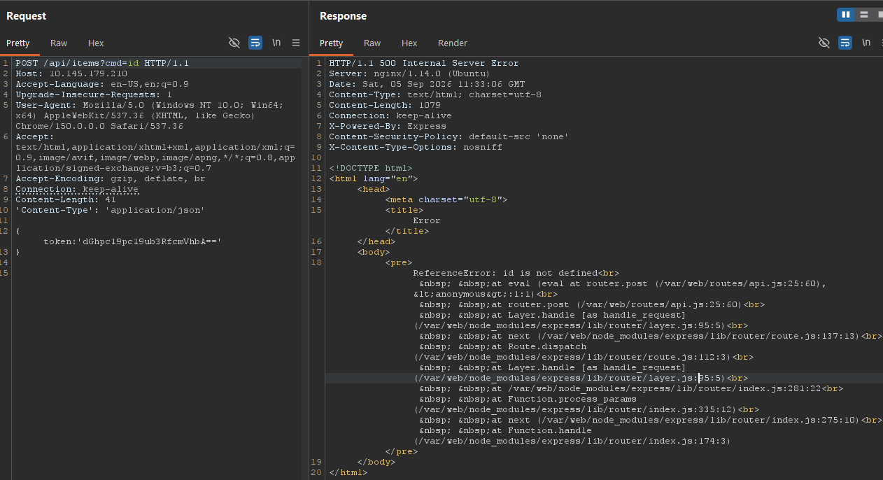 Burp Suite response exposing a JavaScript reference error and stack trace