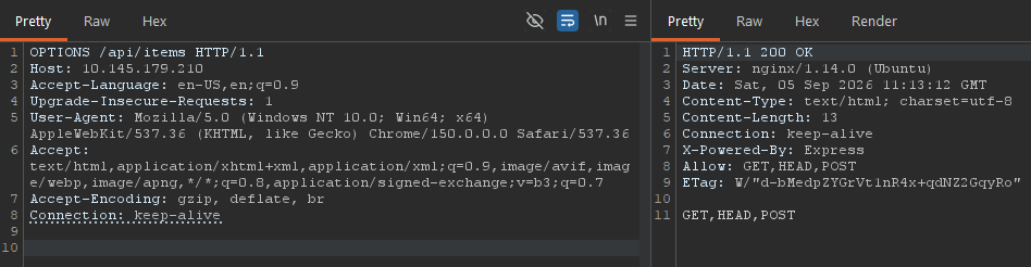 Burp Suite response showing the methods accepted by the items endpoint