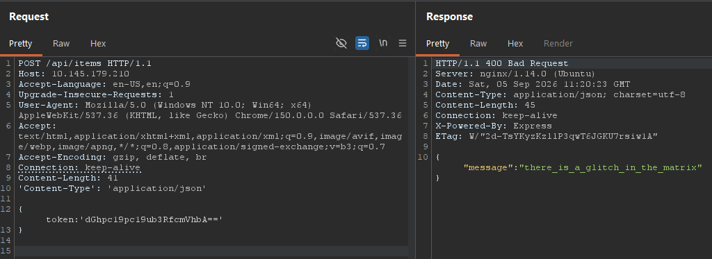 Burp Suite POST request and response for the items endpoint